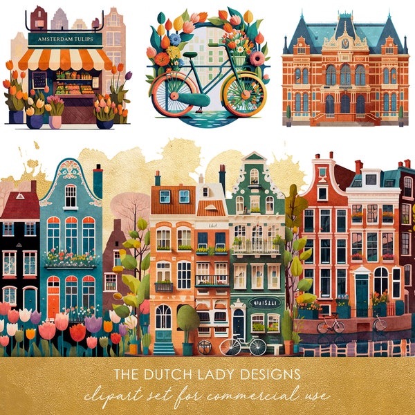 Amsterdamse grachtenpanden Clipart Set - Typisch Nederlandse huizen - Tulpen - Fietsen - Reizen - Museum - INSTANT DOWNLOAD - 25 Digitale Afbeeldingen