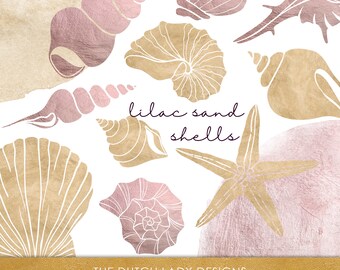 Lilac Seashell Clipart Set: Watercolor Beach Shells (PNG Files) (Instant Download)