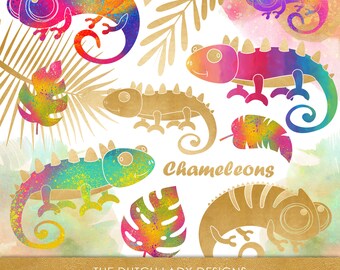 Watercolor Chameleon Clipart Set: Tropical Leaves & Gold Accents (PNG Files)