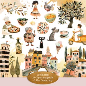 Life In Italy Clipart, Childrens Illustrations, Cute Watercolor Travel Images, Italian Style Characters, Food, Houses, INSTANT DOWNLOAD