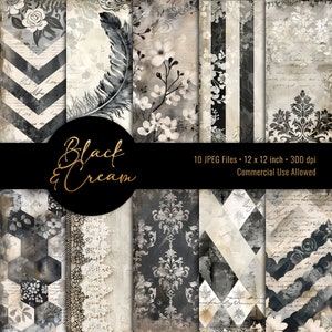 Schwarz & Creme, Hintergrund DIGITAL, Junk Journal Kit, zum ausdrucken, für Scrapbook Papier, Decoupage, Vintage Stil, SOFORTIGER DOWNLOAD