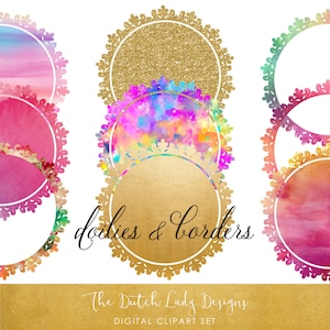 Doily & Border Clipart Set - Gold, Glitter and Rainbow Watercolors - INSTANT DOWNLOAD - 20 .PNG Files