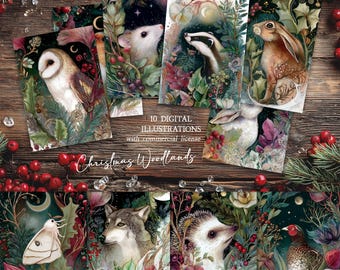Christmas Woodlands Art Prints: Forest Animals Postcard Set (Digital Download)