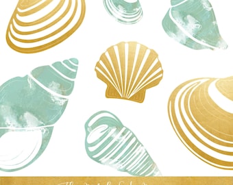 Golden & Ocean Style Sea Shell Clipart Set - Seashell - Gold Texture - Beach - Commercial Use Allowed - INSTANT DOWNLOAD - 12 .PNG Images