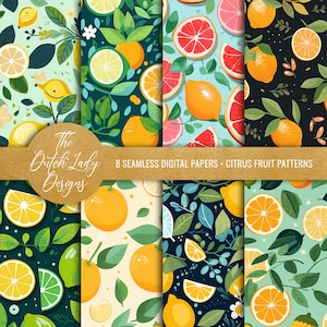 Digitale Hintergründe mit Zitrusfrüchten – druckbare Scrapbook-Papiere – nahtlose Muster aus Zitrone, Limette und Grapefruit – SOFORTIGER DOWNLOAD – 8 JPEG-Dateien