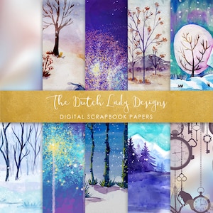 Digitaal scrapbookpapier - Wintervakanties & landschappen - Oud en Nieuw - Winterbos - Vuurwerk - Klokken - 10 JPEG-bestanden - INSTANT DOWNLOAD