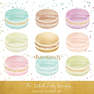 Könnte beinhalten: Aquarell-Illustration von neun bunten Macarons in Pastelltönen von Blau, Braun, Rosa, Gelb und Grün. Jedes Macaron hat einen weißen und goldenen Akzent. Das Wort "Macarons" ist kursiv geschrieben. Der untere Teil des Bildes enthält den Text "The Dutch Lady Designs" und "DIGITAL CLIPART SET".