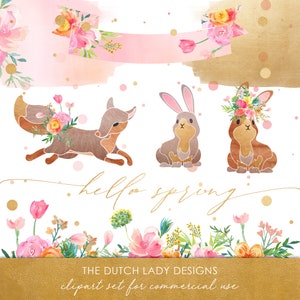 Hello Spring Clipart Set - Forest & Woodland Animals - Fleurs - Renard - Lapin - Aquarelle - Bannière - TÉLÉCHARGEMENT INSTANTANÉ - 21 .PNG Images