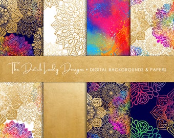 Rainbow Mandala Digital Paper: Holistic Scrapbook Backgrounds (JPEG, Digital Download)