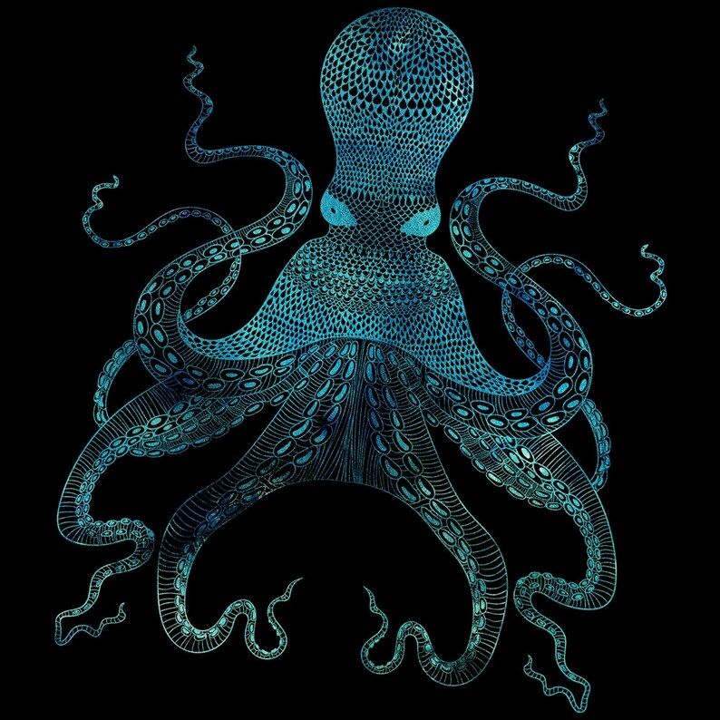 May include: A blue and green octopus with eight tentacles, drawn in a detailed, intricate style against a black background.