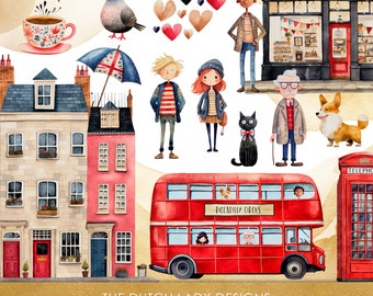 Life In London Clipart - Childrens Illustrations - Cute Watercolor Art - Typical Brittish Lifestyle - INSTANT DOWNLOAD - 25 Digital Images