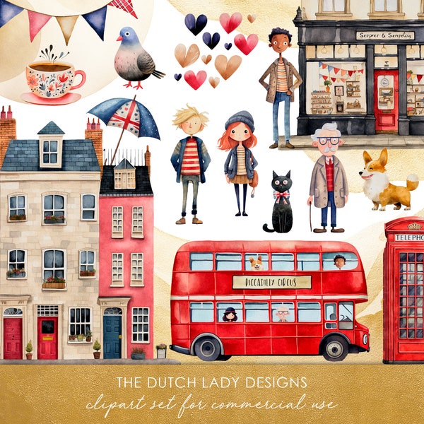 Life In London Clipart - Childrens Illustrations - Cute Watercolor Art - Typical Brittish Lifestyle - INSTANT DOWNLOAD - 25 Digital Images