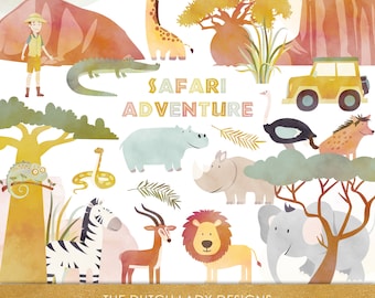 African Safari Clipart Set: Savannah Animals, Adventurer Graphics (34 PNG Images) (Instant Download)