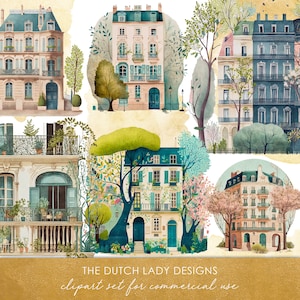 Paris Houses & Apartments Clipart Set - Típicas casas parisinas francesas en primavera - Edificios de paisaje urbano - DESCARGA INSTANTE - 25 imágenes digitales