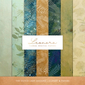 Digital Scrapbook Paper Set - Printable Papers - Floral Backgrounds - Leaf Patterns - Blue, Gold, Green - 7 .JPEG Files - INSTANT DOWNLOAD