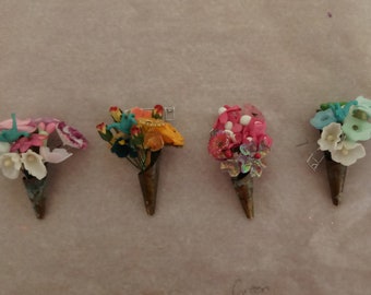 Tiny Tussie Mussie Flower Bouquet  in a Metal Cone Vase Patina Brass Verdigris Spiral