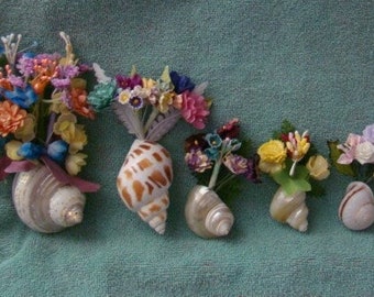 Small Tussie Mussie Flower Bouquet in a Sea Shell Vase 6 varieties