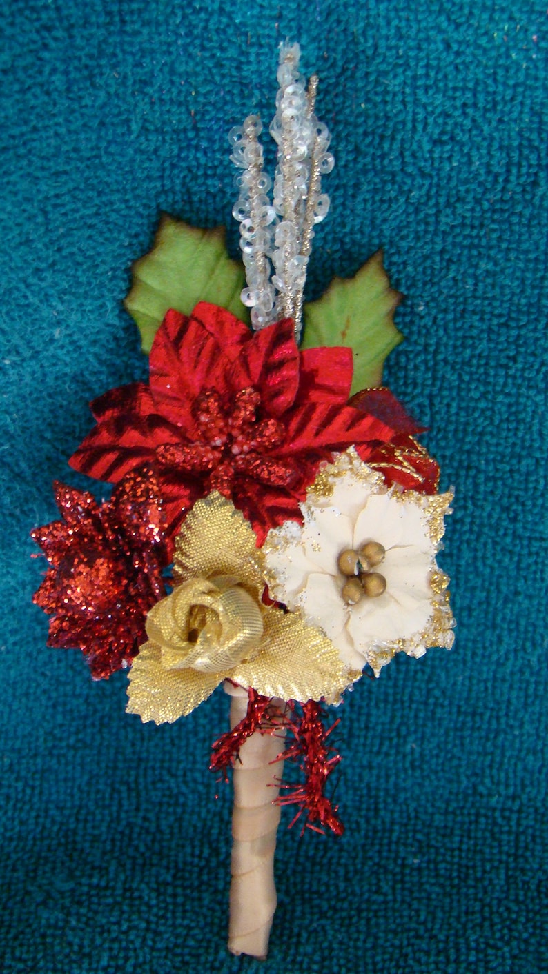 Christmas Holiday Mini Floral Pick Bouquet Corsage Boutonniere large red poinsettia