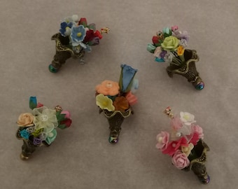 Tiny Tussie Mussie Flower Bouquet in a Bronze Metal Floral Cone Vase