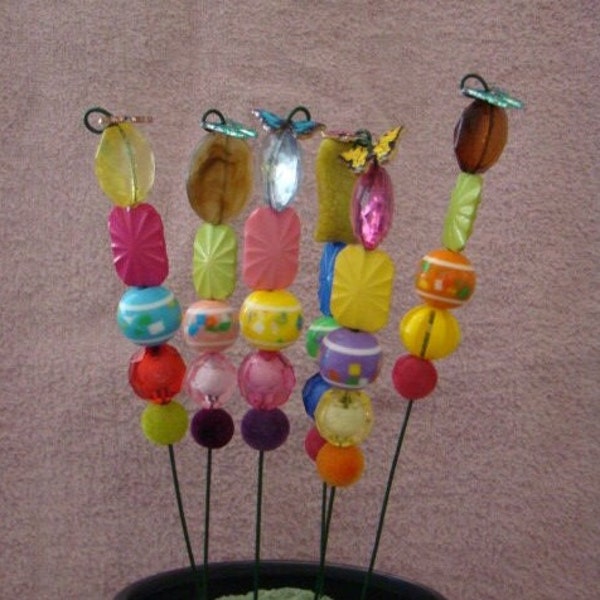 Geo-Shapes Beaded Garden Stake Colorful Large Plant Pick Indoor w/ butterfly charm