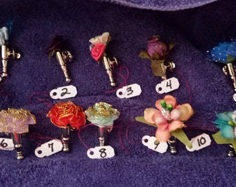 Super Micro Tiny Tussie Mussie Flower Bouquet in a Metal Tube Vase with Lapel Tack Pin