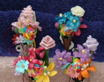 Mini Fan Shaped Tussie Mussie Flower Bouquet  in a Metal Cone Vase