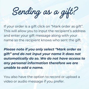 May include: Text on a blue background with a white design of fireworks. The text reads "Sending as a gift?" and explains how to send an order as a gift. It also explains that the sender's name will not be automatically added if they do not input it.