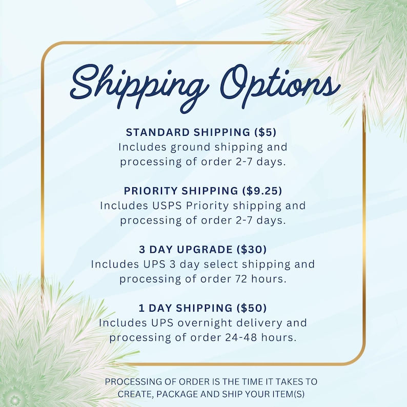 Op de afbeelding: Een blauwe en witte afbeelding met de tekst "Shipping Options" en een lijst met verzendopties met prijzen en verwerkingstijden. De opties omvatten standaardverzending, prioritaire verzending, 3-daagse upgrade en 1-daagse verzending.