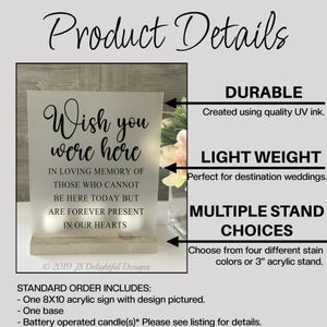 May include: A clear acrylic sign with the text "Wish you were here" in black lettering. The sign is on a wooden base and has a battery-operated candle. The sign reads "In loving memory of those who cannot be here today but are forever present in our hearts".