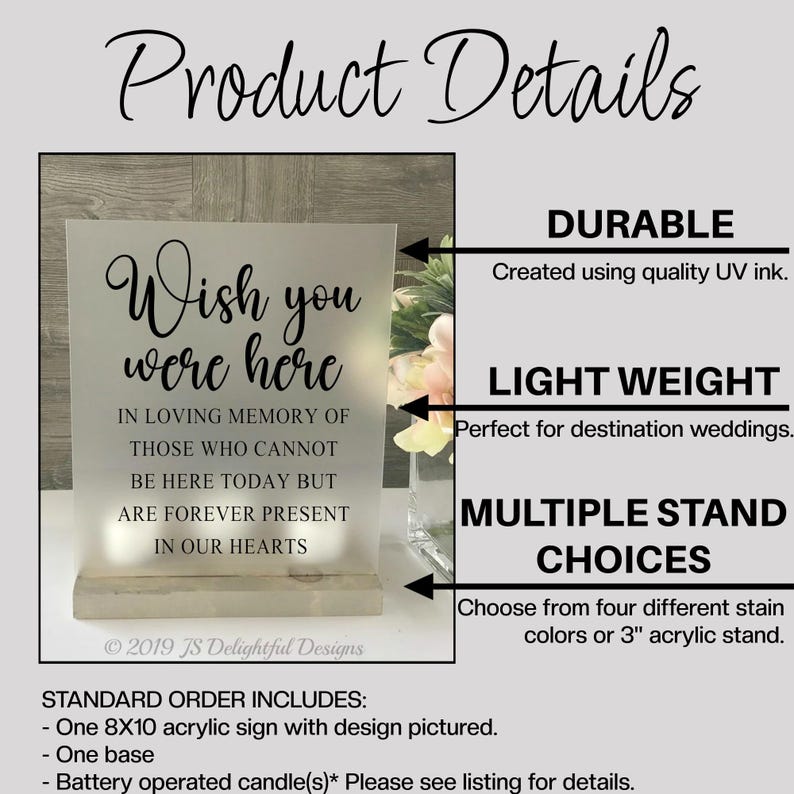 May include: A clear acrylic sign with the text "Wish you were here" in black lettering. The sign is on a wooden base and has a battery-operated candle. The sign reads "In loving memory of those who cannot be here today but are forever present in our hearts".