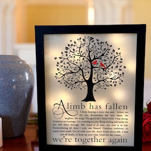 May include: A black framed illuminated memorial with a black silhouette of a tree with red cardinals perched on a branch. The text reads "A limb has fallen. I keep hearing a voice that says, Grieve not for me. Remember the best times, the laughter, the song. The good life I lived while I was strong. Continue my heritage, I'm counting on you. Keep smiling and surely the sun will shine through. My mind is at ease, my soul is at rest. Remembering all, how I truly was blessed. Continue traditions, no matter how small. Go on with your life, don't worry about falls. I miss you all dearly, so keep up your chin. Until the day comes we're together again."