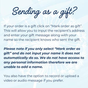 May include: Text on a blue background with a white design of fireworks. The text reads "Sending as a gift?" and explains how to send an order as a gift. It also explains that the sender's name will not be automatically added if they do not input it.