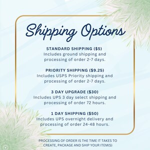 May include: A graphic with a gold border and blue text outlining shipping options for an online store. The options include standard, priority, 3-day upgrade, and 1-day shipping with corresponding prices and processing times.