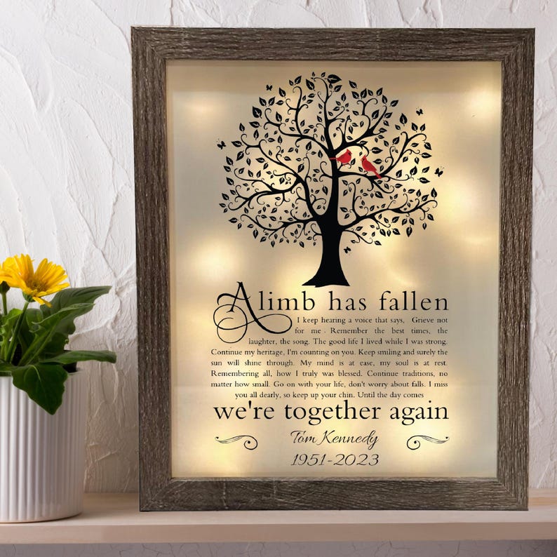 May include: A framed illuminated memorial with a black silhouette of a tree with two red birds perched on a branch. The text reads "A limb has fallen. I keep hearing a voice that says, Grieve not for me. Remember the best times, the laughter, the song. The good life I lived while I was strong. Continue my heritage. I'm counting on you. Keep smiling and surely the sun will shine through. My mind is at ease, my soul is at rest. Remembering all, how I truly was blessed. Continue traditions, no matter how small. Go on with your life, don't worry about failing. I miss you all dearly, so keep up your chin. Until the day comes we're together again. Tom Kennedy 1951-2023"