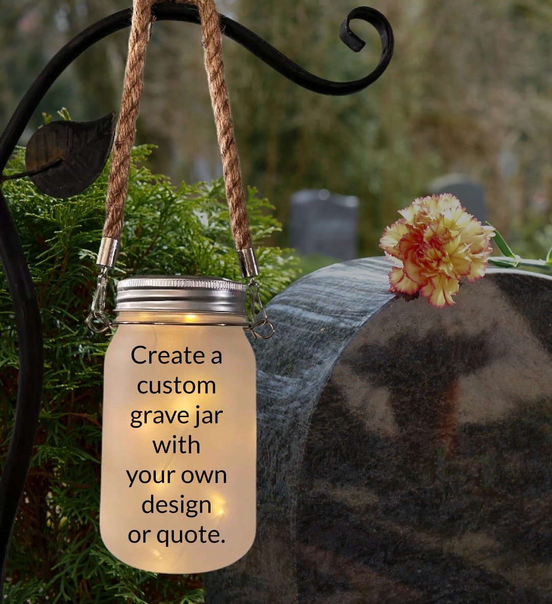 Grave Decoration, Custom Grave Jar, Sympathy Gift, Solar Light, Grave Lantern, Cemetery