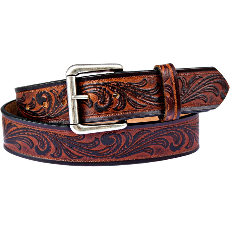 Men's Brown Western Scroll Leather Belt Snap on Belt - Etsy
