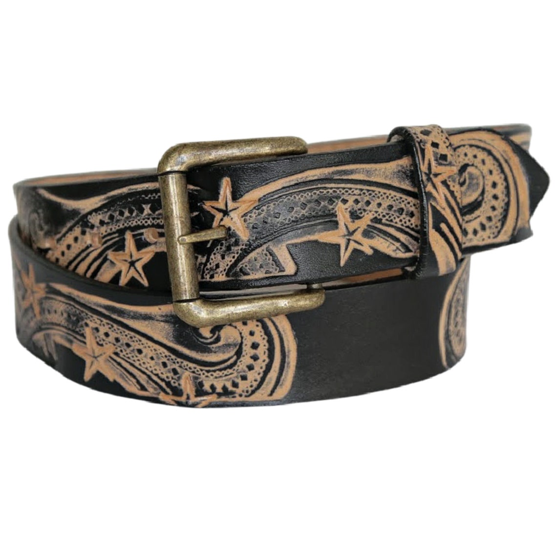 Brass Star Buckle Black Leather Belt main image 1