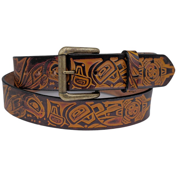 Raven and Salmon Leather Belt with Northwest Native Design - Danny Dennis Art on Leather - Men's Tooled Belt With Snaps - Gift For Him