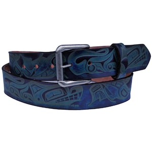 Wolf and Salmon Blue Leather Belt with Northwest Native Design - Danny Dennis Art on Leather - Men's Tooled Belt With Snaps - Gift For Him
