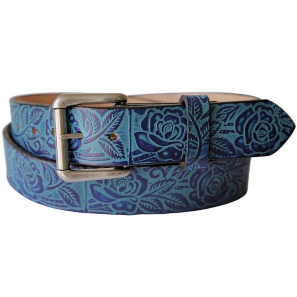 Rose Garden Leather Belt With Snaps - Country Western Leather Belt - Belt With Roses - Floral Leather Belt - Tooled Rose Belt - Rodeo Belt