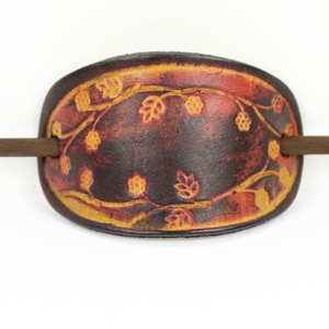 Blooming Vine Leather Stick Barrette  - Floral Print Leather Hair Pin - Leather Hair Slide - Hippie Hair Accessory - Tooled Leather Hair Pin