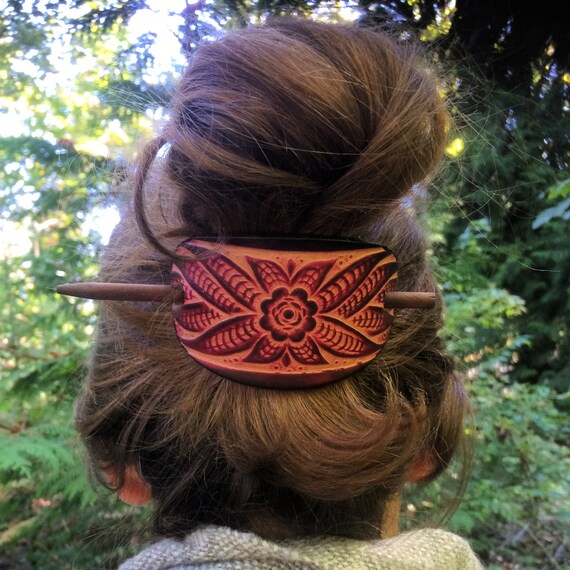 Vintage 1970s Leather Hair Slide Barrette Floral Hand Tooled Boho Wood Stick Pin Vintage Tooled Leather Barrette: 70s Floral Hair Clip With  main image 3