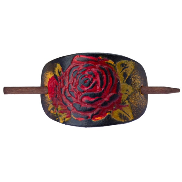 Desert Rose Leather Stick Barrette - Leather Hair Pin -Flower design Hair Slide - Floral print hair accessory - Gift for her - Hippie  gift