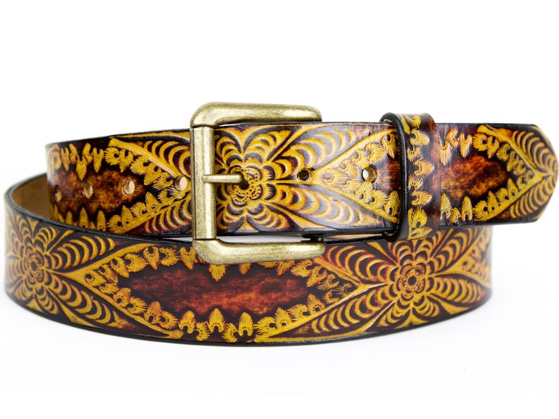 Valentine/'s Day Gift Handcrafted western floral print Good Karma Leather Belt with snap and interchangeable bucklegifts for him