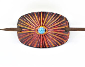 Spinka do włosów Sunburst Leather Stick Barrette - Pomarańczowa spinka do włosów ze skóry - Skórzana spinka do włosów - Akcesorium do włosów Hippie - Skórzana spinka do włosów