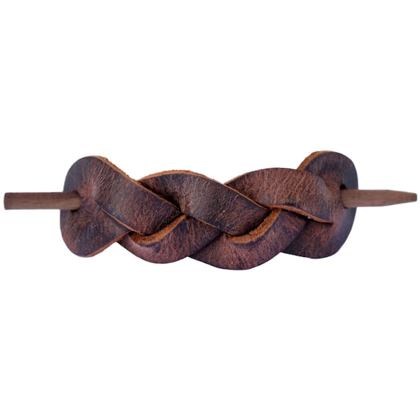 Brown Braided Leather Stick Barrette -  Twisted Leather Hair Pin - Leather Hair Slide - Hippie Hair Accessory - Plain Brown Leather Hair Pin