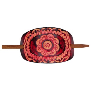 Red Floral Mandala Print Stick Barrette - Floral Leather Hair Pin - Leather Hair Slide - Hippie Hair Accessory - Tooled Leather Hair Pin