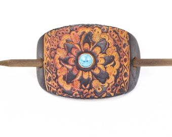 Accented La Tierra Leather Stick Barrette - Floral Leather Hair Pin - Leather Hair Slide - Hippie Hair Accessory - Tooled Leather Hair Pin