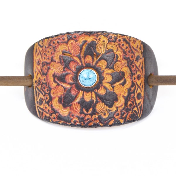 Accented La Tierra Leather Stick Barrette - Floral Leather Hair Pin - Leather Hair Slide - Hippie Hair Accessory - Tooled Leather Hair Pin