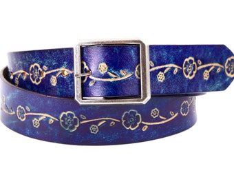 Blue Leather Floral Belt -  Leather Snap on Belt - Womens Belt - Blue Leather Belt - Flower Belt - Genuine Leather Belt with Floral pattern